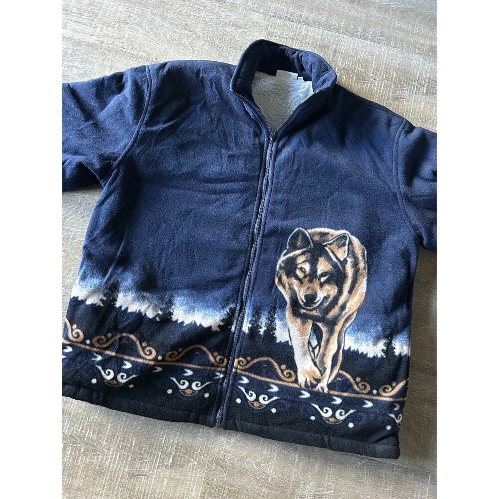 Vintage Wolf Sherpa Fleece Jacket XL Navy Full Zip 90s Wildlife Graphic